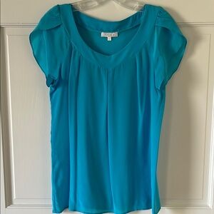 Turquoise Silk Blouse by Glam with Wide Scoop Neck and Short Sleeves